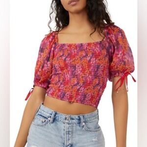 Free‎ People Women's XS Back On Top Smocked Blouse Bohemian NEW